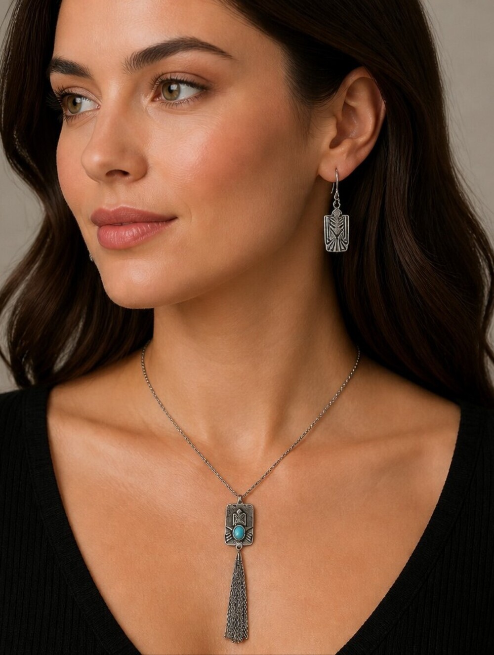 NWT Nadine West Silver Thunderbird with Faux Turquoise Stone Necklace & ER Set